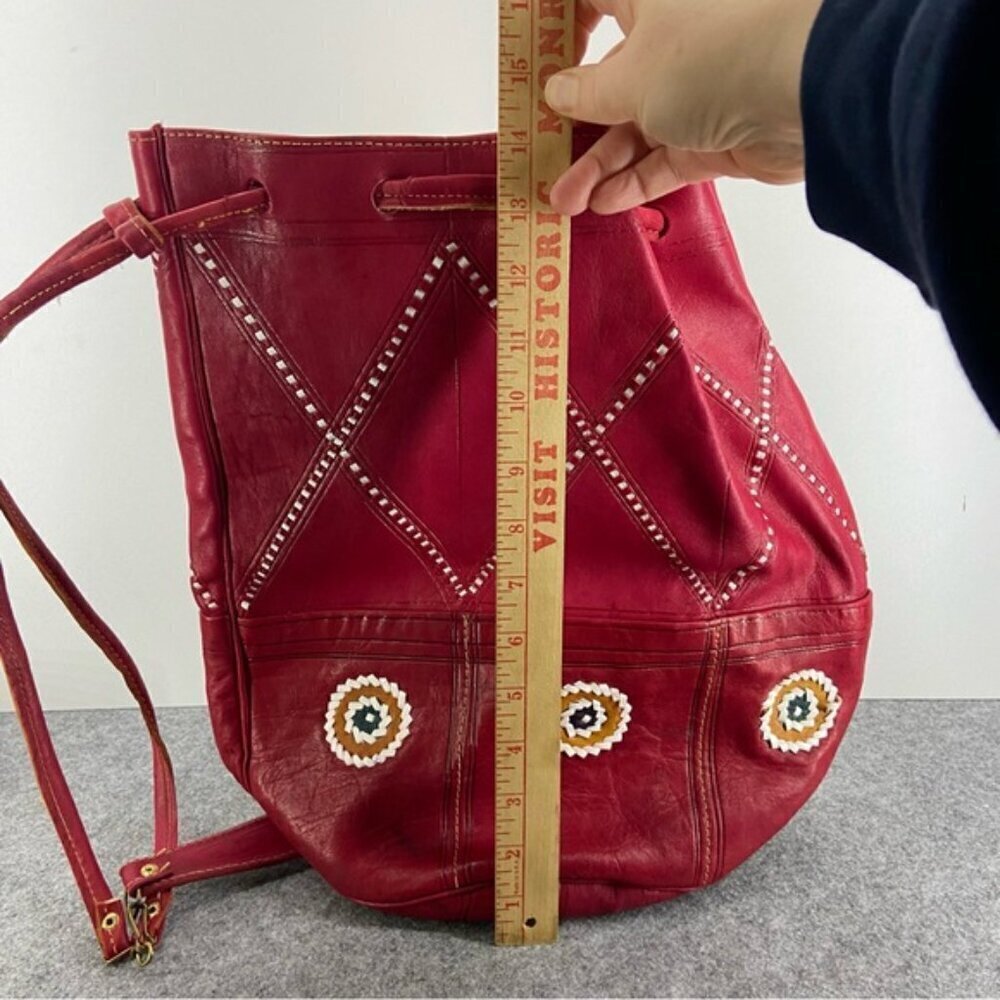 Vintage Drawstring Red Leather Women's Bucket Shoulder Bag - Picture 7 of 10